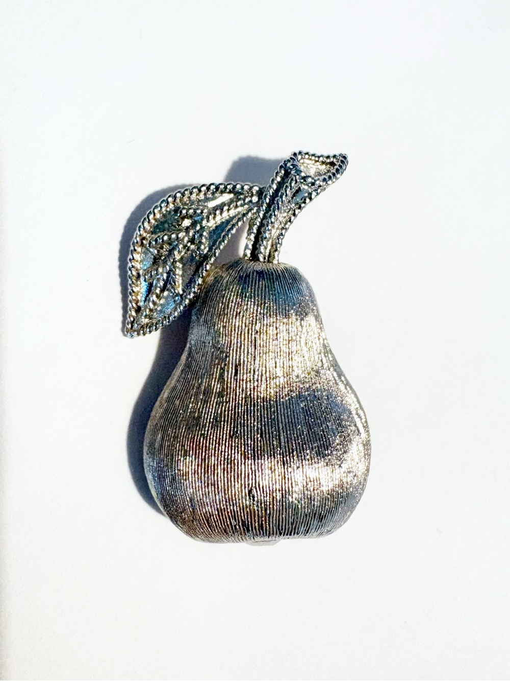 Vintage Trifari Silver‑Tone Textured Pear Brooch, 1960s Fruit Series